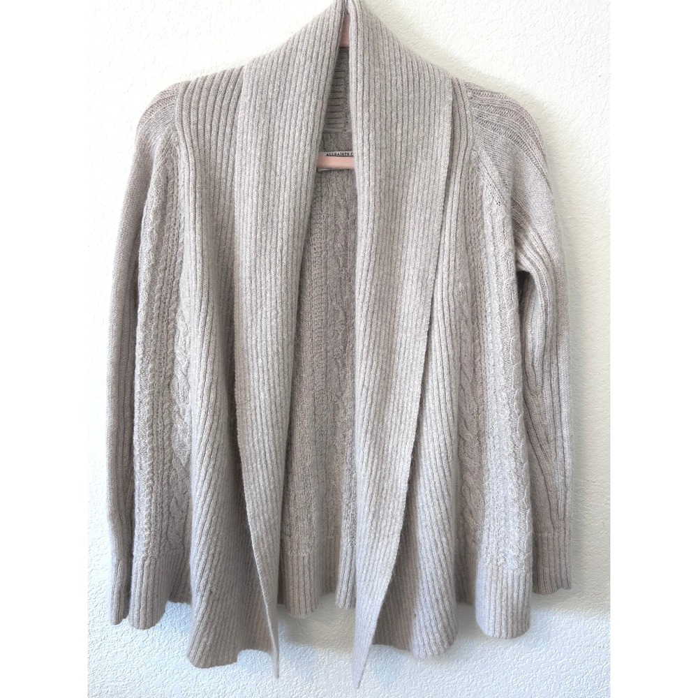 AllSaints Taupe Wool & Mohair Blend Cable Knit Shawl Collar Cardigan - Size S